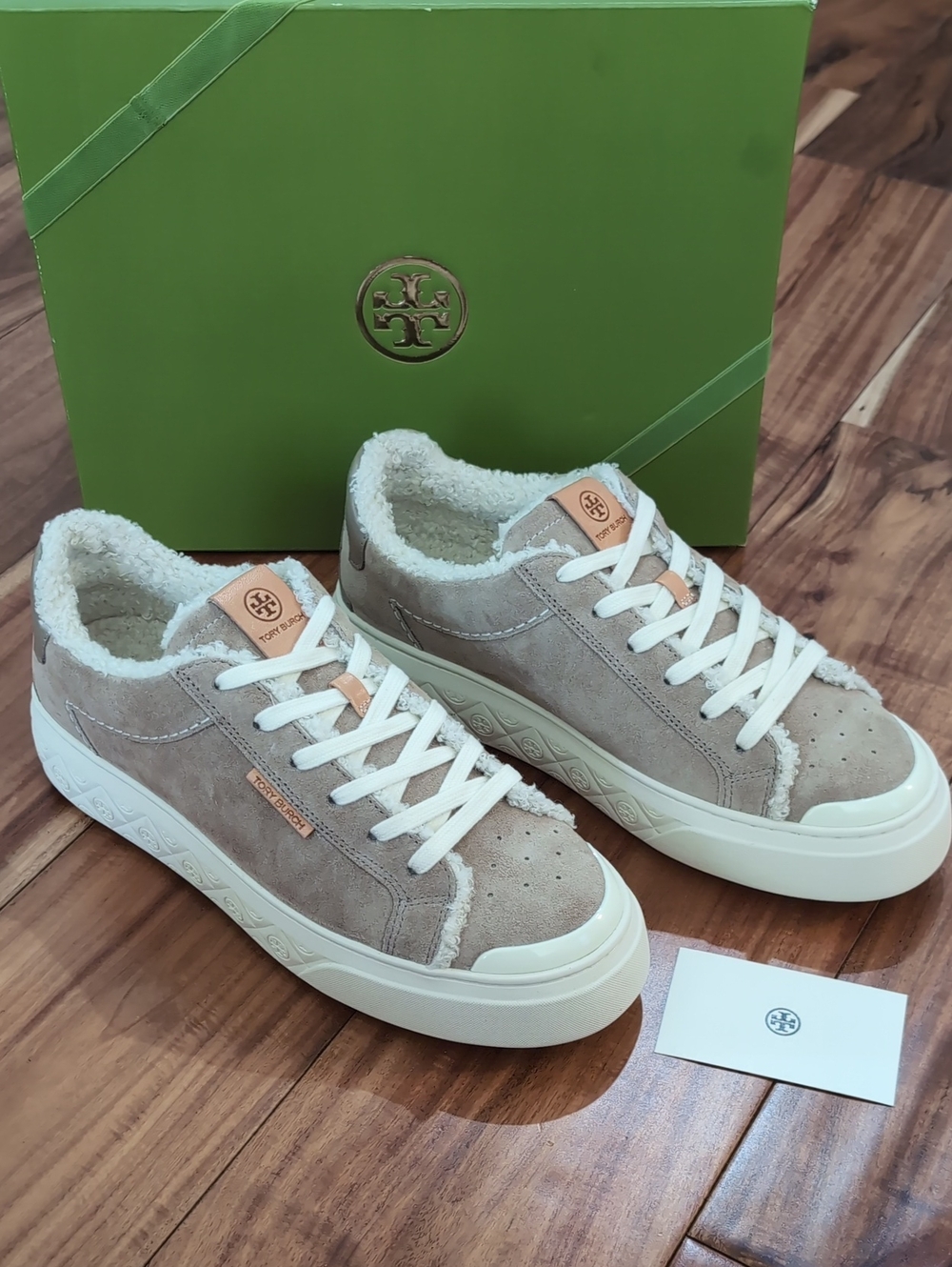 Women’s Suede Lace-Up Sneakers in Taupe with Shearling Trim Size 10 New In Box ❤